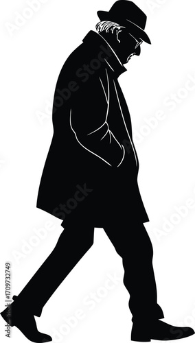 Elderly man walking silhouette hat coat vector