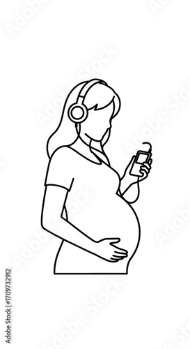 A pregnant woman listens to music through headphones while holding a smartphone.