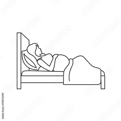 A pregnant woman resting in bed, sleeping peacefully, under a blanket.