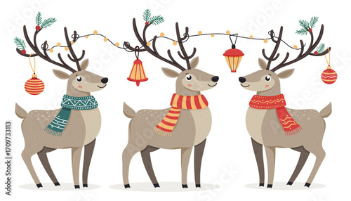Adorable reindeer in colorful scarves with ornaments and lights on antlers, Christmas fun