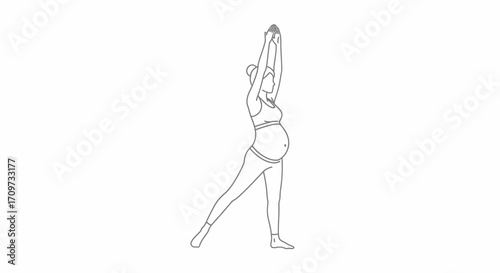 Pregnant woman stretching with arms up and legs apart line art.