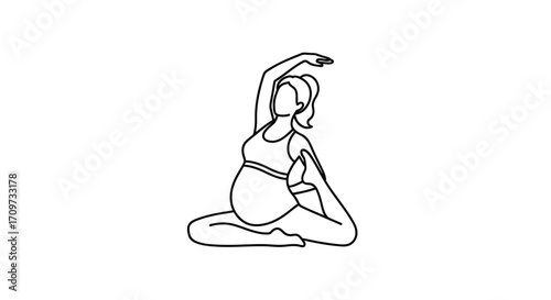 Pregnant woman in yoga pose, seated with one leg bent and arm raised, in a line drawing.