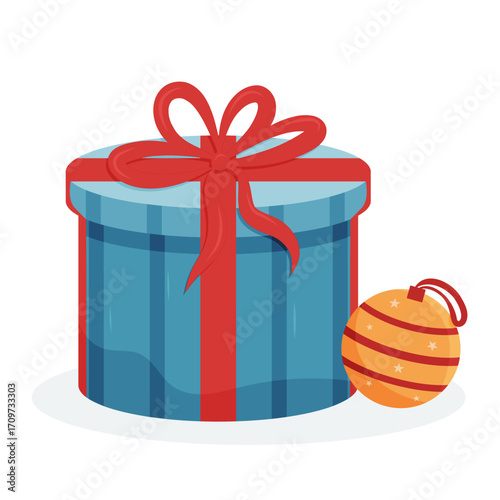 Blue round gift box with red ribbon and a yellow ornament, celebration and gifting