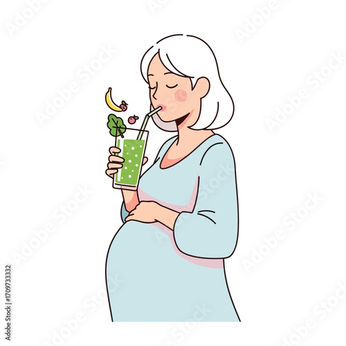 Pregnant woman enjoying a healthy green smoothie, a cartoon illustration.