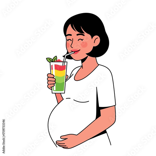 Pregnant woman enjoying a colorful layered smoothie drink.