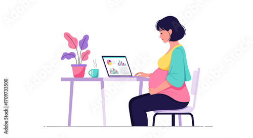 Pregnant woman works from home, focused on laptop charts, enjoying a peaceful workspace.