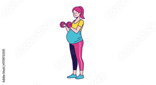 A cartoon illustration of a pregnant woman with pink hair and a large belly, wearing activewear and lifting small dumbbells.