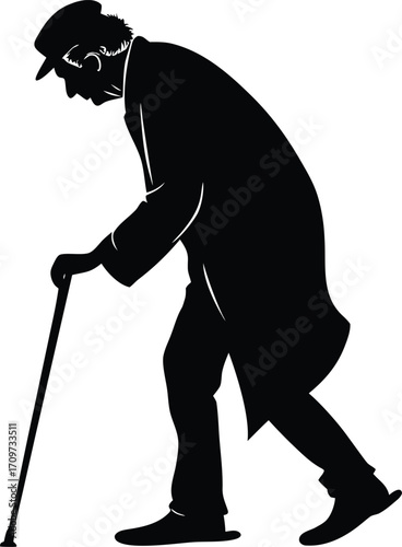 Elderly man silhouette walking cane vector