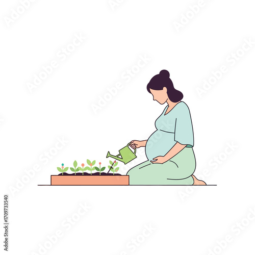 Pregnant woman tenderly waters young plants in a small garden bed.