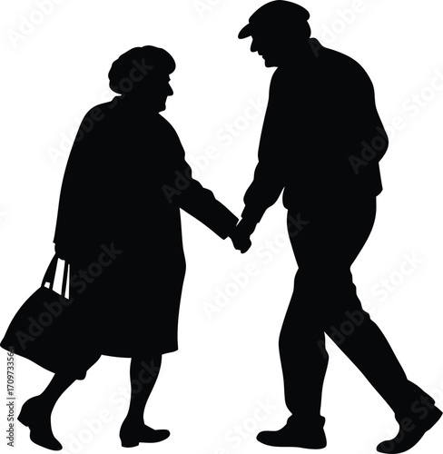 Elderly couple walking holding hands silhouette vector