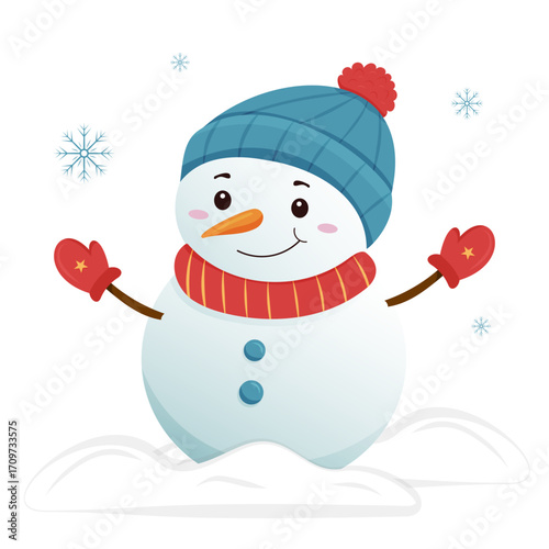 Cheerful snowman with red scarf and hat in snowy landscape. Winter fun