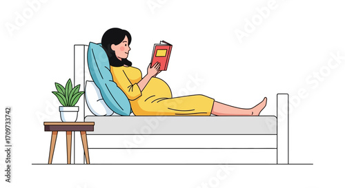 A pregnant woman in a yellow dress is lying in bed reading a book.