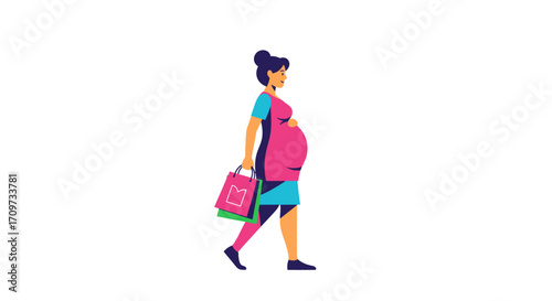 Pregnant woman walking, carrying shopping bags. She is wearing colorful clothing and has her hair up.