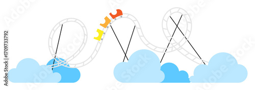 Cartoon train with carts and carriages rides above the clouds on the rails of a roller coaster in an amusement park. Simple cartoon vector isolated on white background