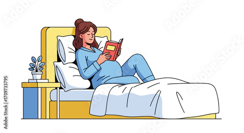 A pregnant woman in pajamas lies in bed reading a book, with a plant on a bedside table.