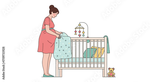 Pregnant woman preparing a baby crib with blankets and accessories.