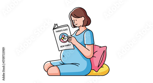 Pregnant woman reading a parenting guide book while sitting comfortably.