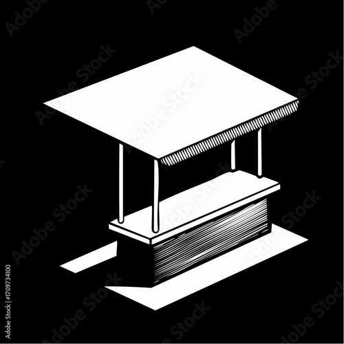 A minimalist, isometric illustration of an empty market stall or kiosk, rendered in black and white with hatching for shading and depth.