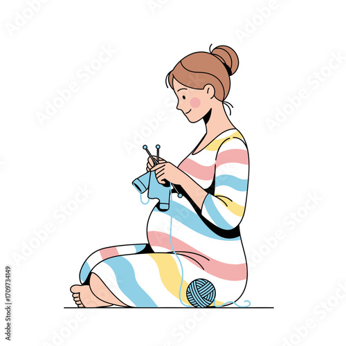 Pregnant woman sits and knits baby clothes, a peaceful scene of preparation.
