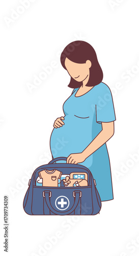 Pregnant woman preparing hospital bag, anticipating childbirth, baby clothes visible.