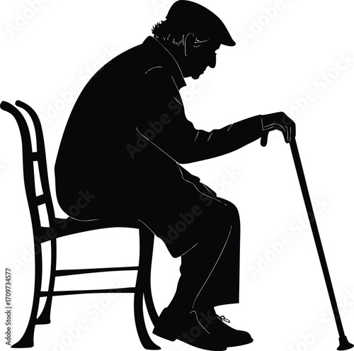 Elderly person silhouette sitting with cane vector