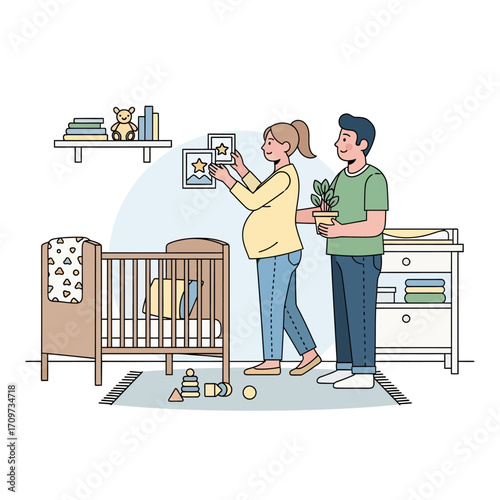 Expectant parents decorating a nursery, preparing for their baby's arrival with love.