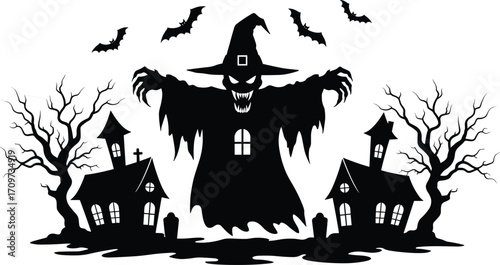 Scary ghost witch with bats flying above haunted houses and dead trees, spooky Halloween vector silhouette perfect for festive design