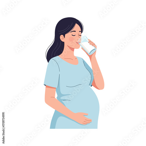 Pregnant woman drinking milk from a glass, side view illustration.