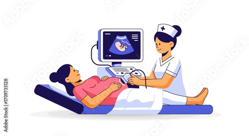 Pregnant woman receiving an ultrasound scan from a nurse, showcasing fetal image on the monitor.