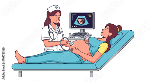 A nurse conducts an ultrasound scan on a pregnant woman, revealing a fetal image on the monitor.