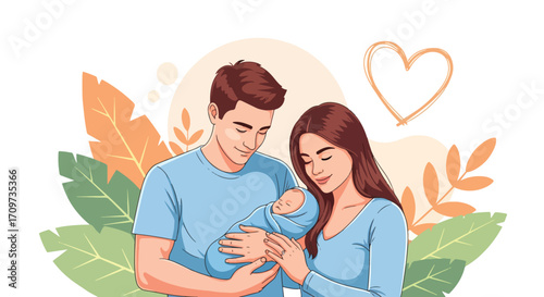 Adobe illustrator artwork vector illustration. A loving couple tenderly embraces their newborn baby, surrounded by soft foliage and a prominent heart symbol, representing family love