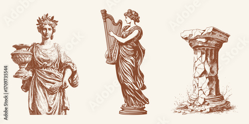 Engraving of classical muse with harp and chalice, alongside ancient broken column, vintage sketch style.
