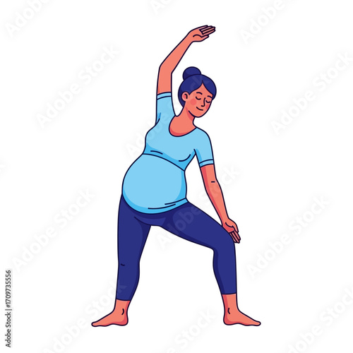 A pregnant woman in activewear performing a side stretch exercise, smiling.