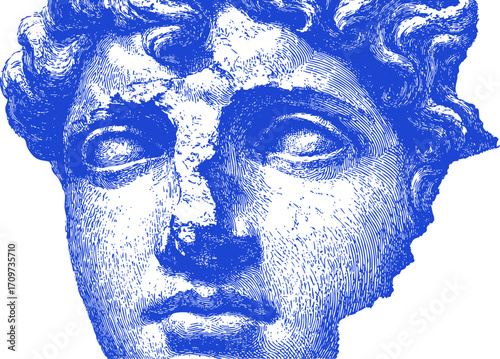 Fragment of ancient classical bust in detailed sketch pencil style. Vector broken sculpture face illustration.