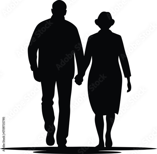 Elderly couple silhouette walking hand in hand vector