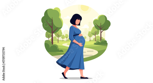 A pregnant woman in a blue dress walks through a park, cradling her belly.