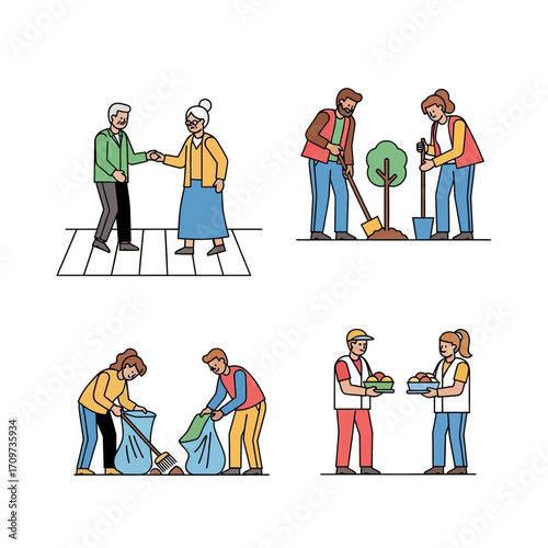 Illustrations depicting different acts of volunteering, charity, and social assistance, showing people helping the elderly, planting trees, cleaning the environment, and distributing food.