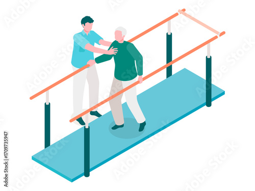 Isometric illustration of physical rehabilitation with parallel bars and therapist support