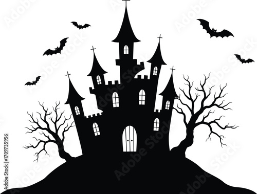 Scary haunted castle silhouette with bats and dead trees on hilltop, perfect for Halloween design, vector art, spooky themes.