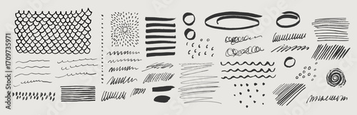 Punk hand-drawn graphic scribble ielements set. Pencil sketch lines, vector brushstrokes, rough underlines, pen scribbles, swirls, waves. Grunge highlights background. Abstract illegible squiggles bg