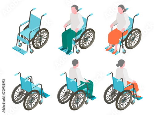 Isometric illustration of elderly men and women in wheelchairs, viewed from various angles