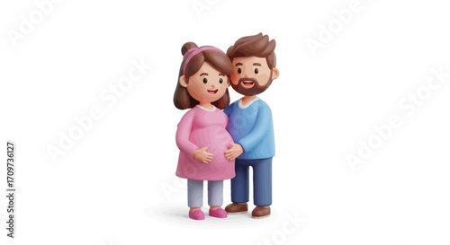 Cartoon illustration of a pregnant couple, lovingly embracing.