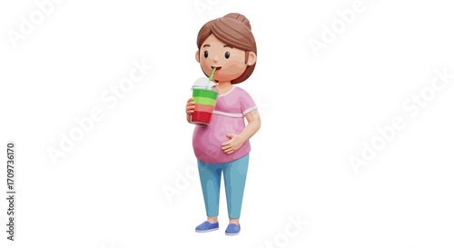 3D illustration of a pregnant woman in a pink shirt drinking a colorful layered beverage with a straw, holding her baby bump.