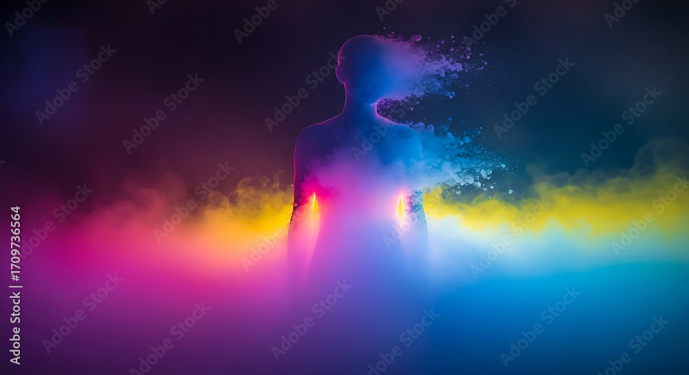 Naklejka premium Abstract silhouette dissolving into vibrant neon clouds, symbolizing transformation and energetic change in a cosmic setting