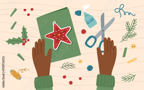 Handmade Christmas card with red star and human hands. Sustainable Christmas concept. Eco friendly Christmas handmade gift. Vector flat background.