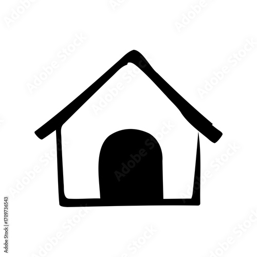 Simple black and white drawing of a dog house on a white background