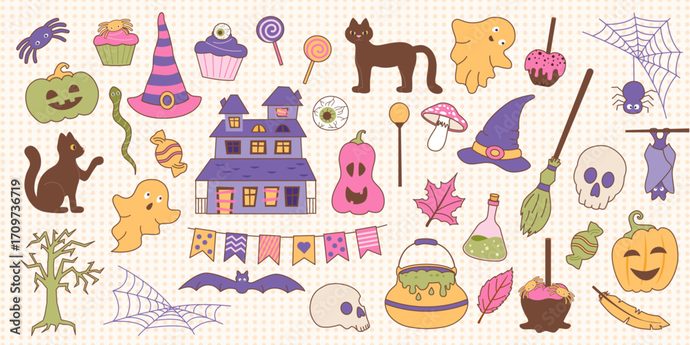 Fototapeta premium Set of Halloween cliparts. Halloween collection of elements. Vector flat objects in retro style.