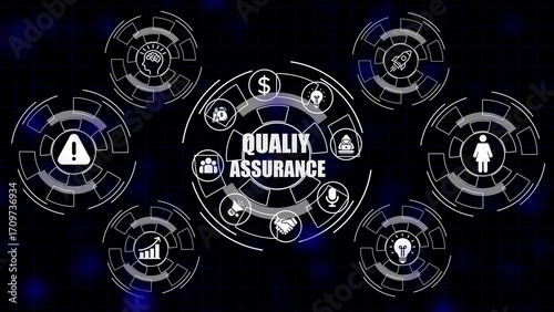 Quality assurance concept with icons for ideas finance teamwork safety innovation and growth image