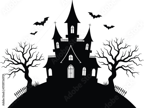 Scary haunted house on hill with bats and spooky trees – Halloween vector illustration for creepy, dark, horror-themed design projects.