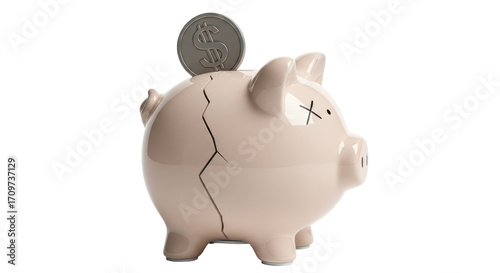 Isolated cracked piggy bank with coin symbolizing financial ruin or economic hardship concept